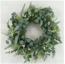  WREATH, GREENS WITH CREAM FLORAL ACCENTS (24"D)