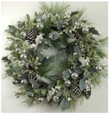  30"D, FROSTED GREENS W/PINECONES/BERRIES/ORNAMENTS WREATH