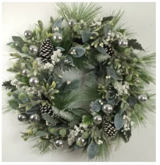 30"D, FROSTED GREENS W/PINECONES/BERRIES/ORNAMENTS WREATH