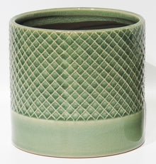  Green Criss Cross Pattern Top W/Soild Base Ceramic Pot 6.5"