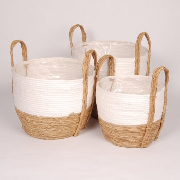 Plastic Lined Straw Cylinder Baskets - White Top (3 Sizes)
