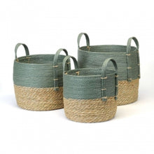  Straw Cylinder Baskets - Green Top (3 Sizes)