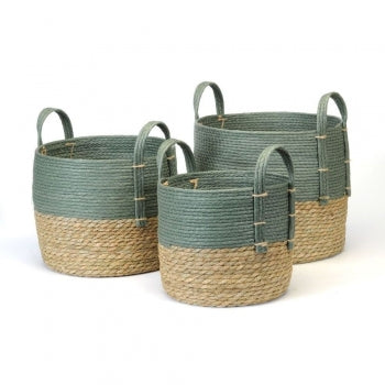 Straw Cylinder Baskets - Green Top (3 Sizes)